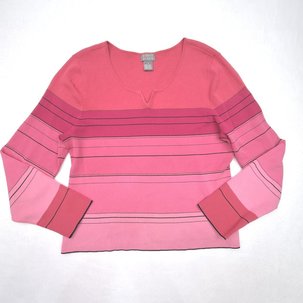 Sigrid Olsen Sweater Womens Large Pink Striped Split Neck Long Sleeve CIMU6700